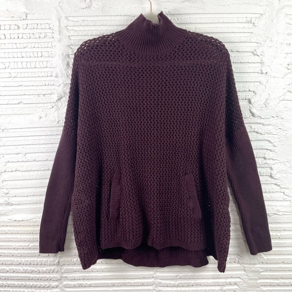 LOFT Camel Cotton Blend Loose Chunky Knit Mock Neck Sweater Tunic Wine Color M - Picture 1 of 13